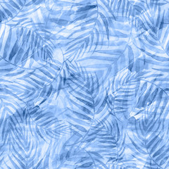 Seamless watercolor background from purple, blue tropical leaves, palm leaf, fern, floral pattern. Bright Rapport for Paper, Textile, Wallpaper, design. Tropical leaves watercolor.Fashionable, stylish