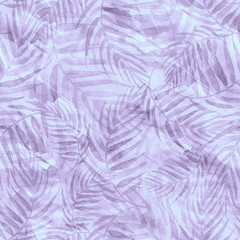 Seamless watercolor background from purple, blue tropical leaves, palm leaf, fern, floral pattern. Bright Rapport for Paper, Textile, Wallpaper, design. Tropical leaves watercolor.Fashionable, stylish