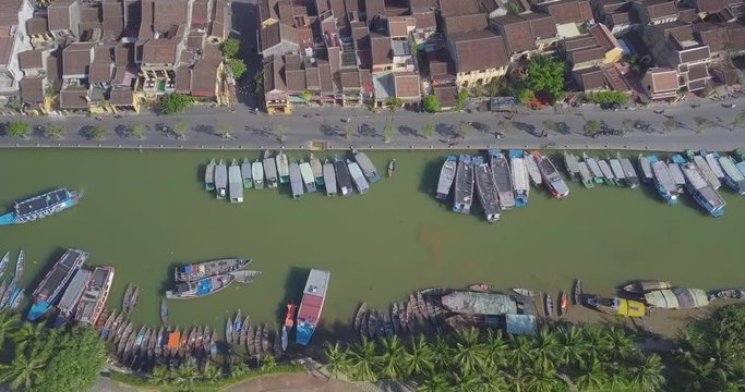 Aerial view of Hoi An old town or Hoian ancient town. Royalty high-quality free stock video footage top view of Hoai river and boat traffic Hoi An. Hoian is one of the most popular destination  travel