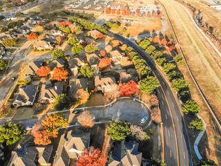 Aerial view parkside neighborhood with cul-de-sac (dead-end) street near Dallas, Texas. Flyover...