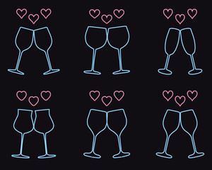 Set of wine glasses and heart icons, love symbol
