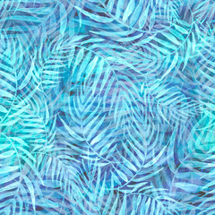 Seamless watercolor background from purple, blue tropical leaves, palm leaf, fern, floral pattern. Bright Rapport for Paper, Textile, Wallpaper, design. Tropical leaves watercolor.Fashionable, stylish