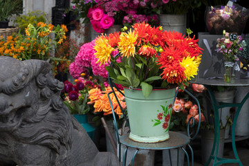 colorful variety of flowers sold in the market in London.
