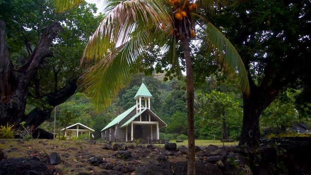 Church building Vaitahu on Tahuata Island Marquesas Pacific 