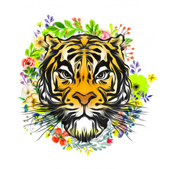Красочные рисованной тигровая морда на абстрактный красочный фон