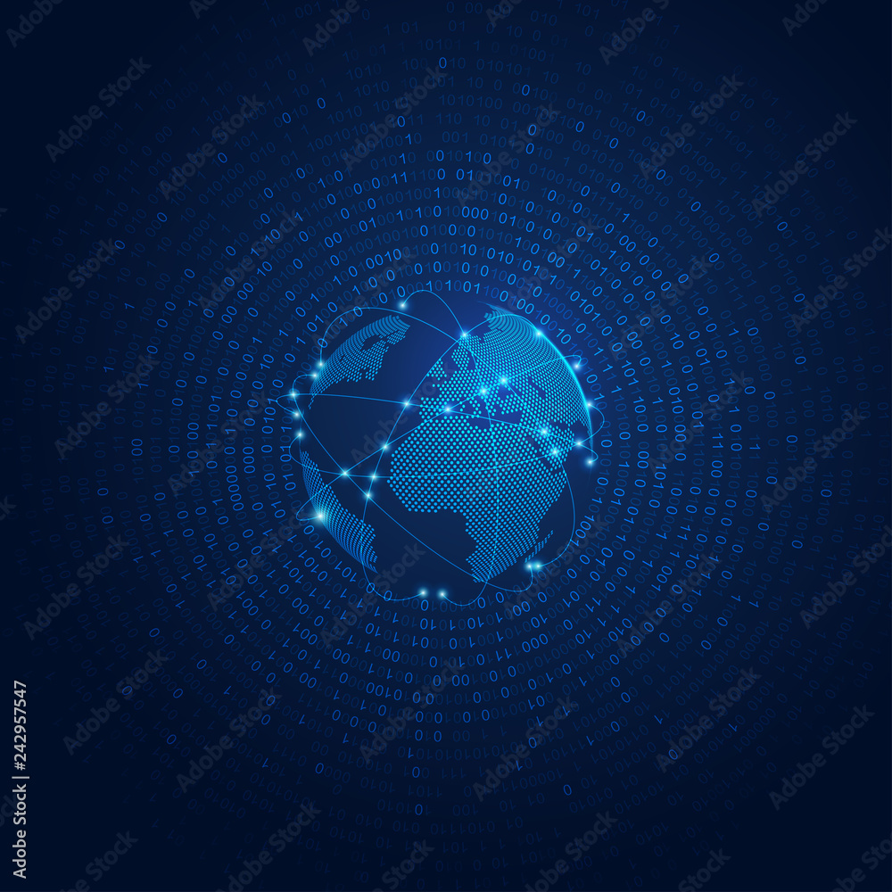 Wall mural concpet of global network technology, graphic of digital globe with binary background
