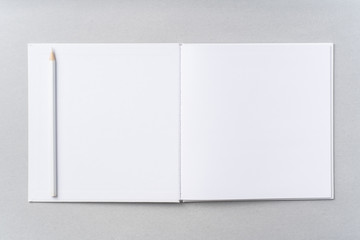 Top view of white hardcover notebook, pencil