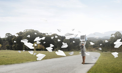 Business woman with monitor instead of head.