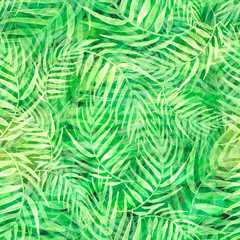 Naklejka na ściany i meble Seamless watercolor background from green tropical leaves, palm leaf, floral pattern. Bright Rapport for Paper, Textile, Wallpaper, design. Tropical leaves watercolor. Exotic tropical palm tree
