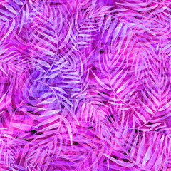 Seamless watercolor pattern, background. Palm leaf background, postcard. pink, purple tropical palm leaf. Illustration for design wedding invitations, greeting cards, wallpaper, paper, textile.