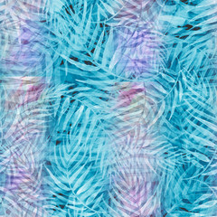 Seamless watercolor background from purple, blue tropical leaves, palm leaf, fern, floral pattern. Bright Rapport for Paper, Textile, Wallpaper, design. Tropical leaves watercolor.Fashionable, stylish