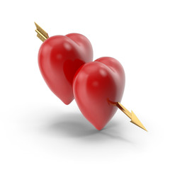 Two Hearts with arrows / 3D rendered on white background with shadows