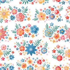 Embroidered ditsy seamless pattern with different beautiful flowers on white background. Colorful print with floral embroidery in vector. Fashion design for fabric.