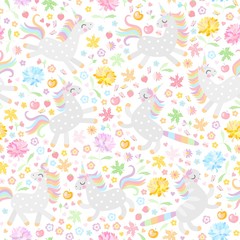 Seamless pattern with cute unicorns and colorful flowers on white background. Vector illustration.