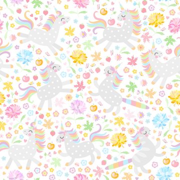 Seamless pattern with cute unicorns and colorful flowers on white background. Vector illustration.