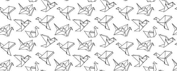 Seamless Pattern with Hand Drawn Origami birds - crane, swan, colibri and dove. Cartoon kids Ornament. Cute doodle vector illustration. - 242959902