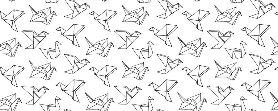 Seamless Pattern with Hand Drawn Origami birds - crane, swan, colibri and dove. Cartoon kids Ornament. Cute doodle vector illustration.