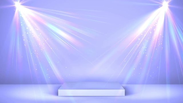 Light lilac stage podium with holographic spot lighting and shining, empty scene for award Ceremony or advertising on the light background. Looped motion graphic.