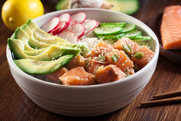Poke bowl, traditional Hawaiian raw fish salad