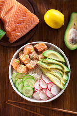 Poke bowl, traditional Hawaiian raw fish salad