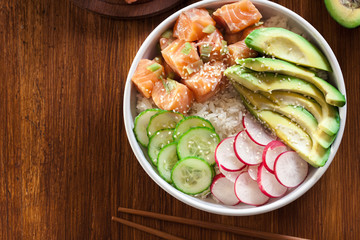 Poke bowl, traditional Hawaiian raw fish salad
