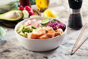 Poke bowl, traditional Hawaiian raw fish salad
