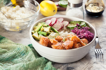 Poke bowl, traditional Hawaiian raw fish salad