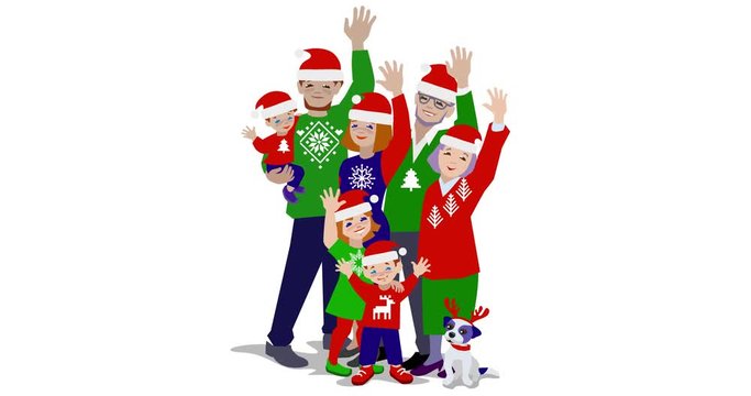 Animation of happy big christmas family waving