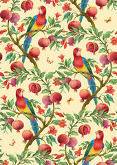Colorful  parrot on pomegranate tree with flowers and fruits. Seamless background pattern version 4