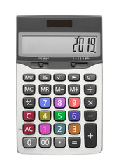 Happy New Year 2019 on silver calculator with multi color button and top view for mathematics business or financial calculate isolated included clipping path