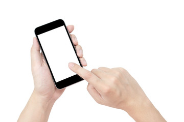 Man is using a black smartphone with blank screen isolated on white background. Clipping path embedded.