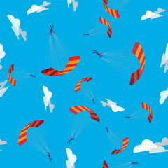 Seamless pattern Skydiving, parachuting and extreme sport. Skydiver flying with parachute.