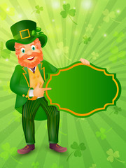 Leprechaun man holding blank frame on shamrock leaves decorated rays background for St. Patrick's Day celebration. Can be used greeting card design.