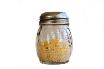 Glass of cheese salt and pepper shakers.