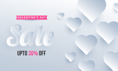 Valentine's Day sale poster design with 30% discount offer and decorative paper cut heart shapes.