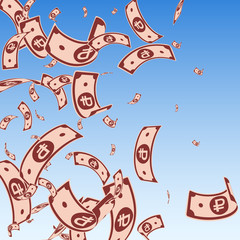 Russian ruble notes falling. Random RUB bills on b