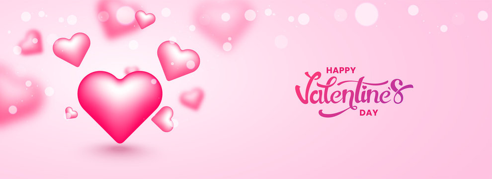 Happy Valentine's Day header or banner design with illustration of glossy pink heart shapes on blurred background.