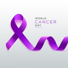 Curl purple ribbon on glossy background for World Cancer Day template design.