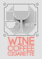 Wine, coffee, cigarette. Lounge Bar Menu simple graphic linear geometric pattern design. Vector illustration.