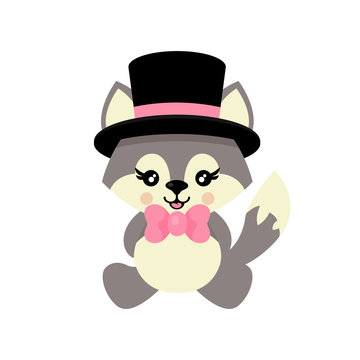 cartoon cute wolf sitting with tie in hat vector