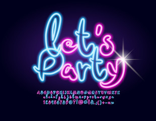 Vector Neon Emblem Let's Party. Glowing Alphabet Letters, Numbers and Symbols. Colorful playful Font.