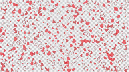 Fototapeta na wymiar Red on Transparent background Vector. Spring background. Red hearts of confetti are flying. Part of the design of wallpaper, textiles, packaging, printing, holiday invitation for birthday.