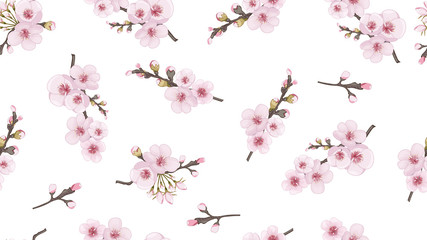 Fototapeta na wymiar Handmade Seamless pattern in oriental style. Flying sakura flowers. Magenta on white fond. The idea of fabric, invitations, packaging, cards.