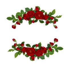 Beautiful frame of red roses and buds on white background with space for text. Top view, flat lay