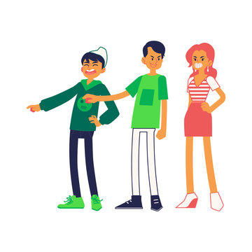 Vector concept of bullying and teen harassment. Young male, female characters viciously laughing pointing out to somebody, mocking, taunting teasing and gossiping making fun of it