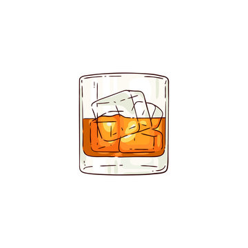 Vector whiskey or rum glass with ice cubes sketch icon. Alcohol drink cup for luxury celebration or product advertising design. Party drink shot with orange liquid. Isolated illustration