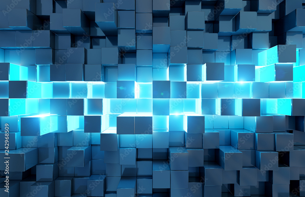 Poster Glowing black and blue squares background pattern 3D rendering