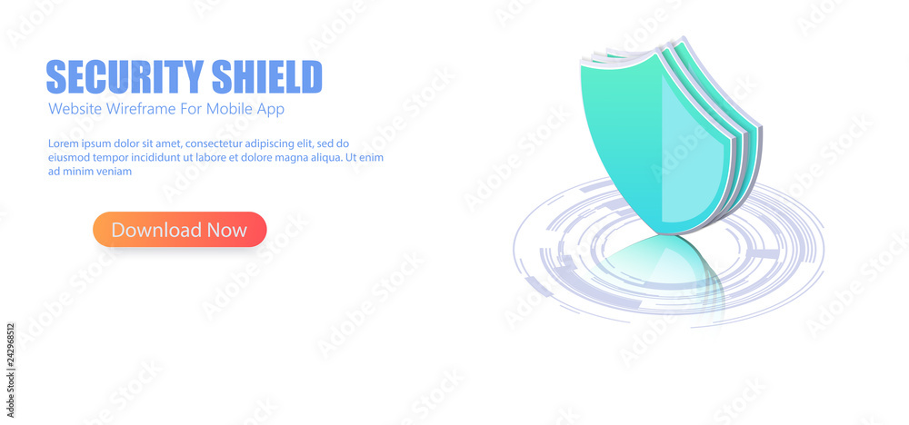 Poster Online server protection system . 3D isometric illustration of security shield server for data protection concept landing page or web template design.