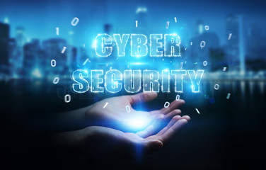 Businesswoman using cyber security text hologram 3D rendering