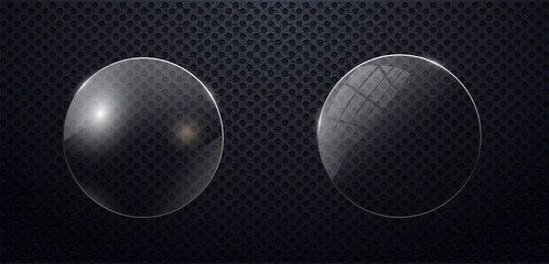glass circle set on transparent background. Clear glass showcase. Realistic window mockup. Vector
